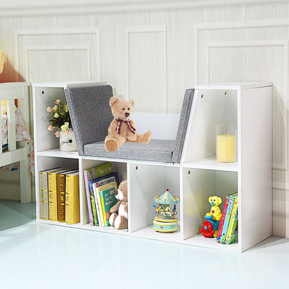 6-Cubby Kid Storage Bookcase Cushioned Reading Nook-Brown
