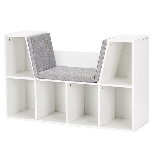 6-Cubby Kid Storage Bookcase Cushioned Reading Nook-White