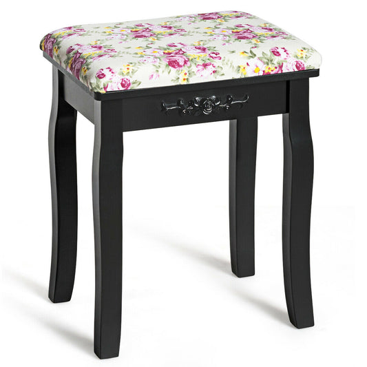 Vanity Wood Dressing Stool Padded Piano Seat with Rose Cushion-Black
