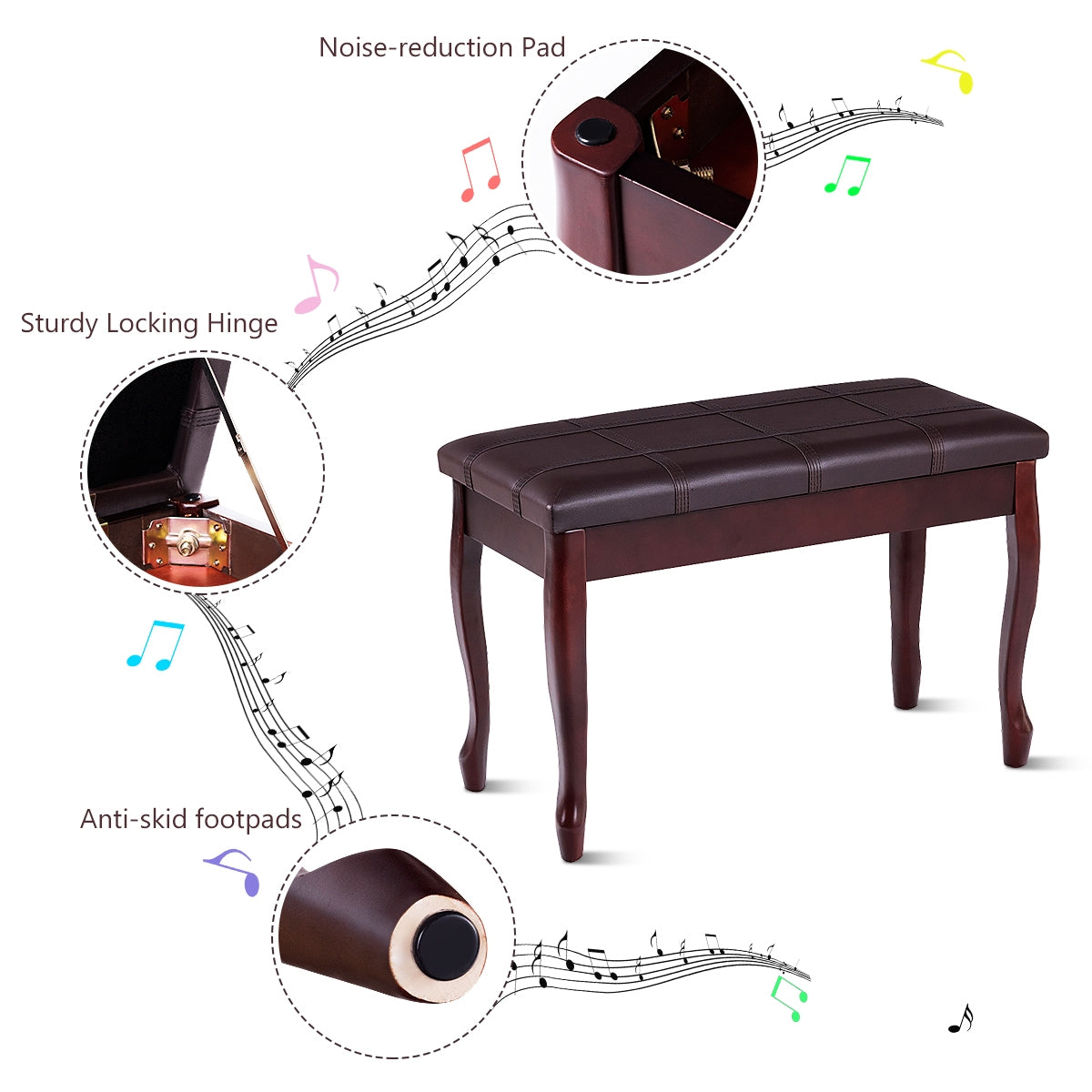 Solid Wood PU Leather Piano Bench with Storage-Brown