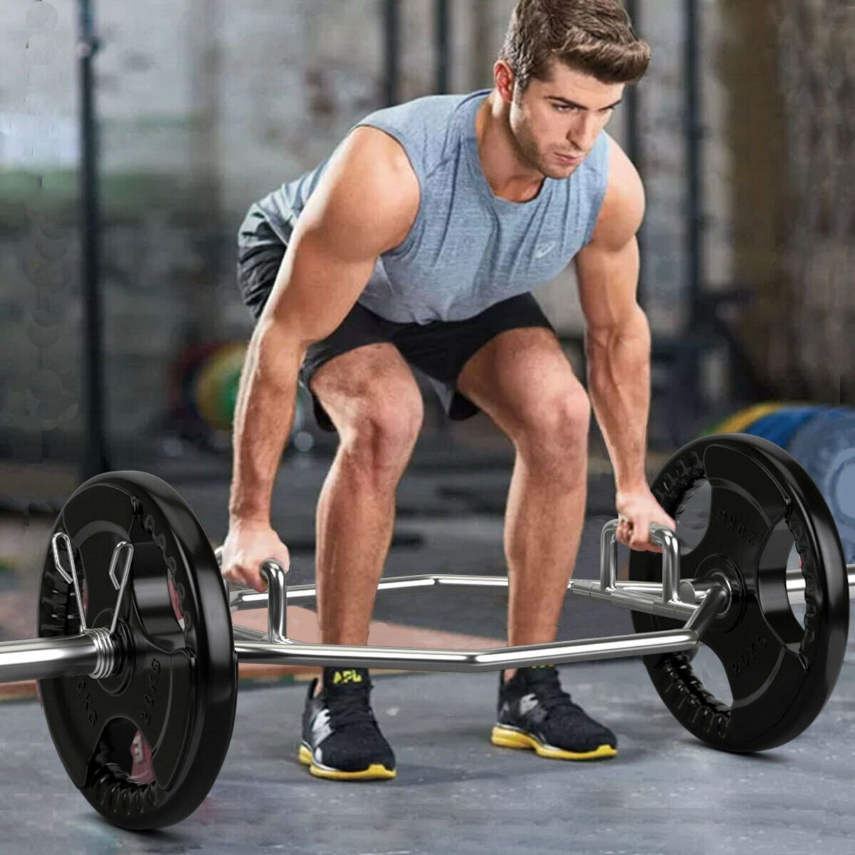 56 Inch Olympic Hexagon Deadlift Trap Bar with Folding Grips Powerlifting-Black