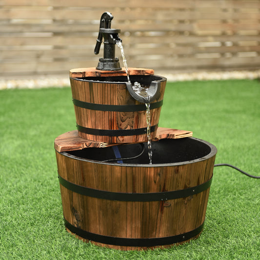 2-Tiers Outdoor Wooden Barrel Waterfall Fountain with Pump