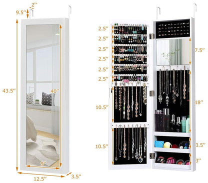 Wall Door Mounted Mirrored Jewelry Cabinet Storage Organizer-White