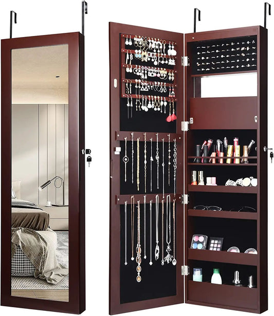 Lockable Wall Door Mounted Mirror Jewelry Cabinet with LED Lights-Brown