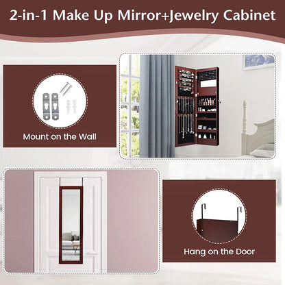 Lockable Wall Door Mounted Mirror Jewelry Cabinet with LED Lights-Brown