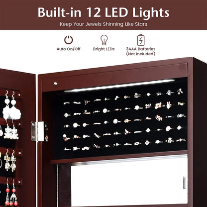 Lockable Wall Door Mounted Mirror Jewelry Cabinet with LED Lights-Brown