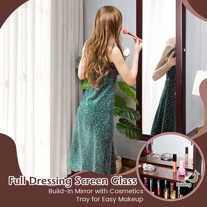 Lockable Wall Door Mounted Mirror Jewelry Cabinet with LED Lights-Brown