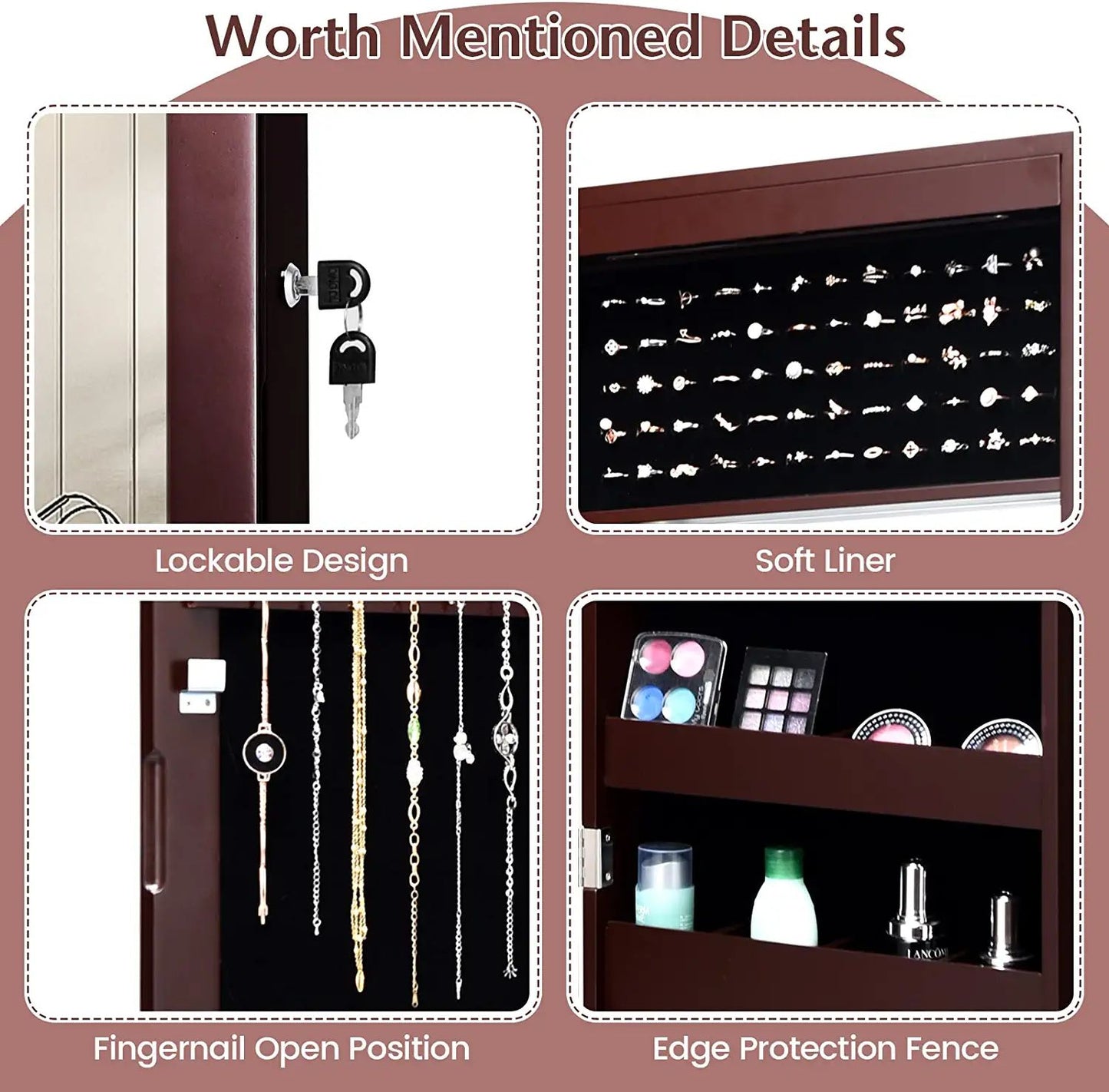 Lockable Wall Door Mounted Mirror Jewelry Cabinet with LED Lights-Brown