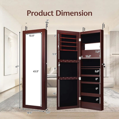 Lockable Wall Door Mounted Mirror Jewelry Cabinet with LED Lights-Brown