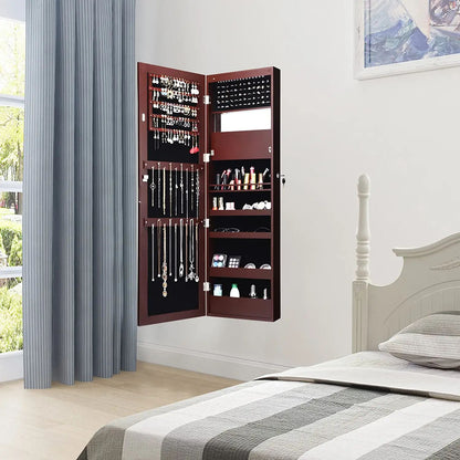 Lockable Wall Door Mounted Mirror Jewelry Cabinet with LED Lights-Brown