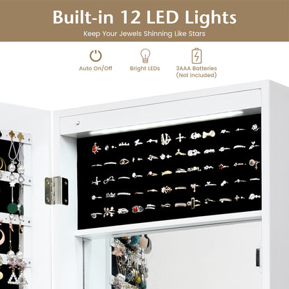 Lockable Wall Door Mounted Mirror Jewelry Cabinet with LED Lights-White