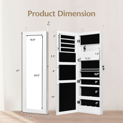 Lockable Wall Door Mounted Mirror Jewelry Cabinet with LED Lights-White