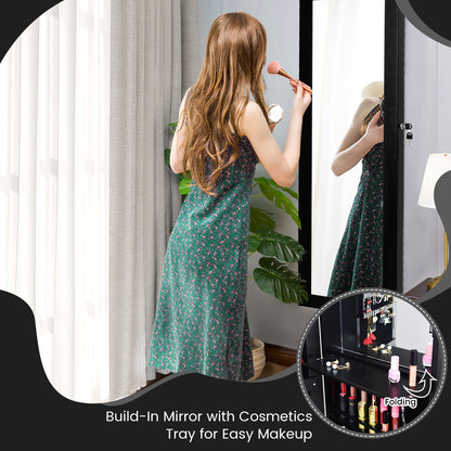 Lockable Wall Door Mounted Mirror Jewelry Cabinet with LED Lights-Black