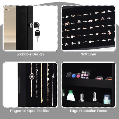 Lockable Wall Door Mounted Mirror Jewelry Cabinet with LED Lights-Black