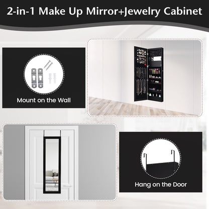 Lockable Wall Door Mounted Mirror Jewelry Cabinet with LED Lights-Black