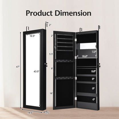 Lockable Wall Door Mounted Mirror Jewelry Cabinet with LED Lights-Black
