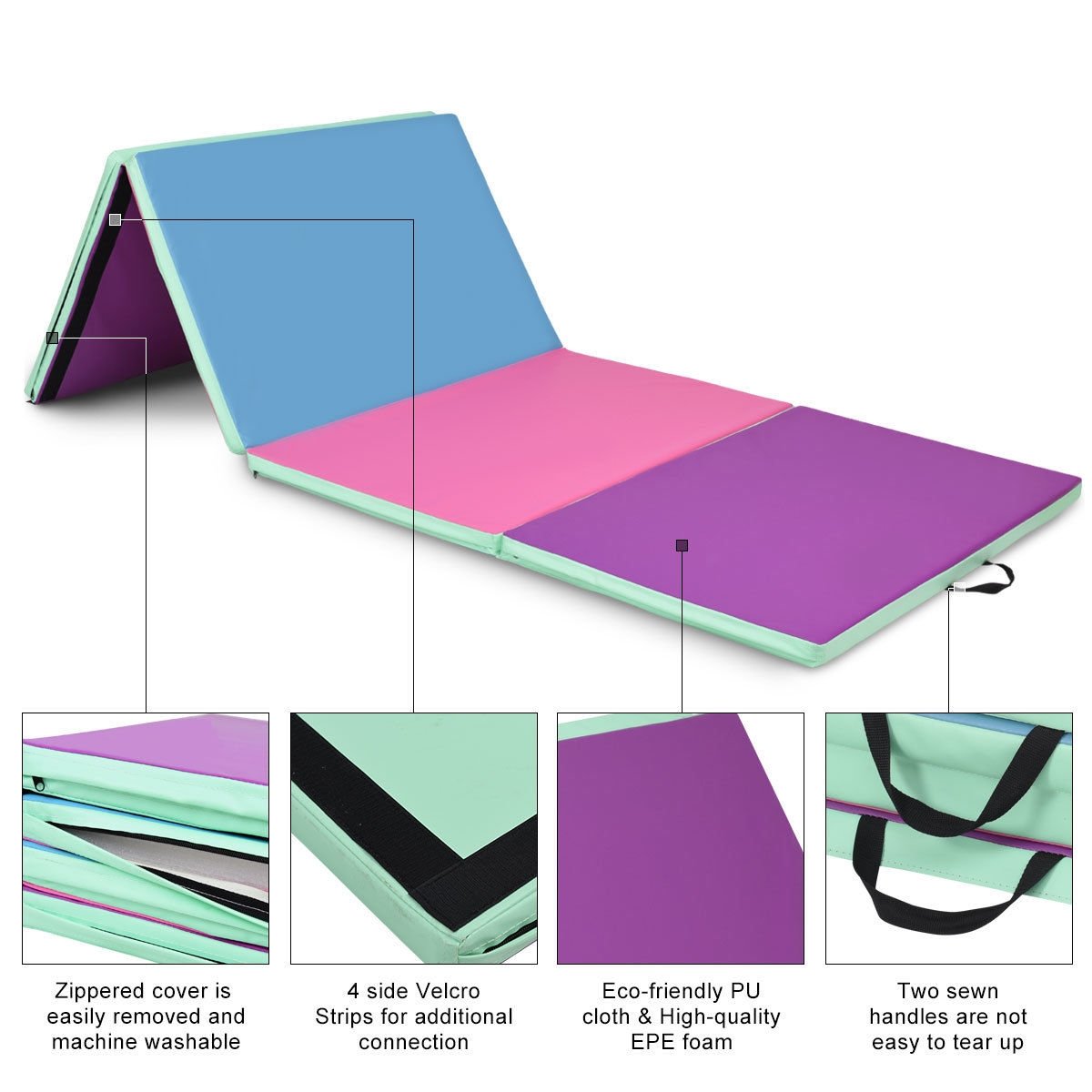 4 Feet x 10 Feet Thick Folding Panel Gymnastics Mat-Black