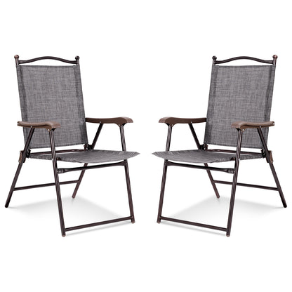 Set of 2 Patio Folding Sling Back Camping Deck Chairs-Gray