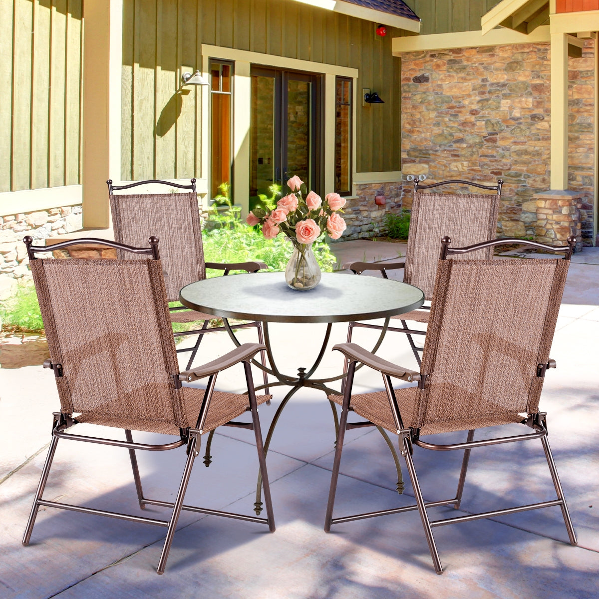 Set of 2 Patio Folding Sling Back Camping Deck Chairs-Coffee