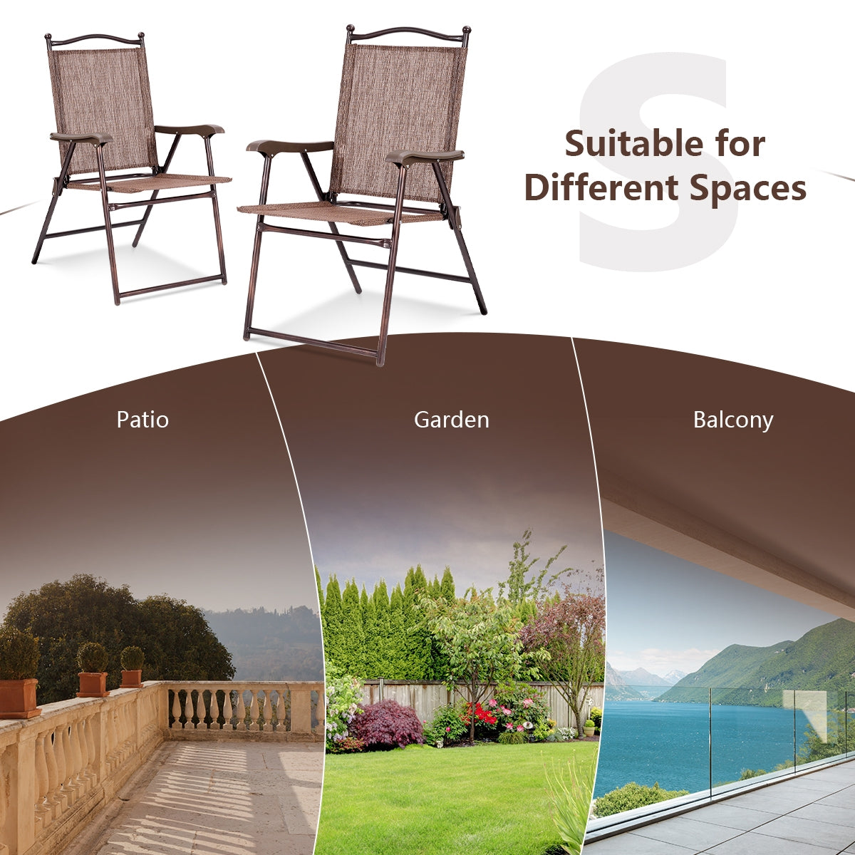 Set of 2 Patio Folding Sling Back Camping Deck Chairs-Coffee