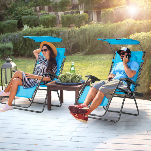 Folding Recliner Lounge Chair w/ Shade Canopy Cup Holder-Blue