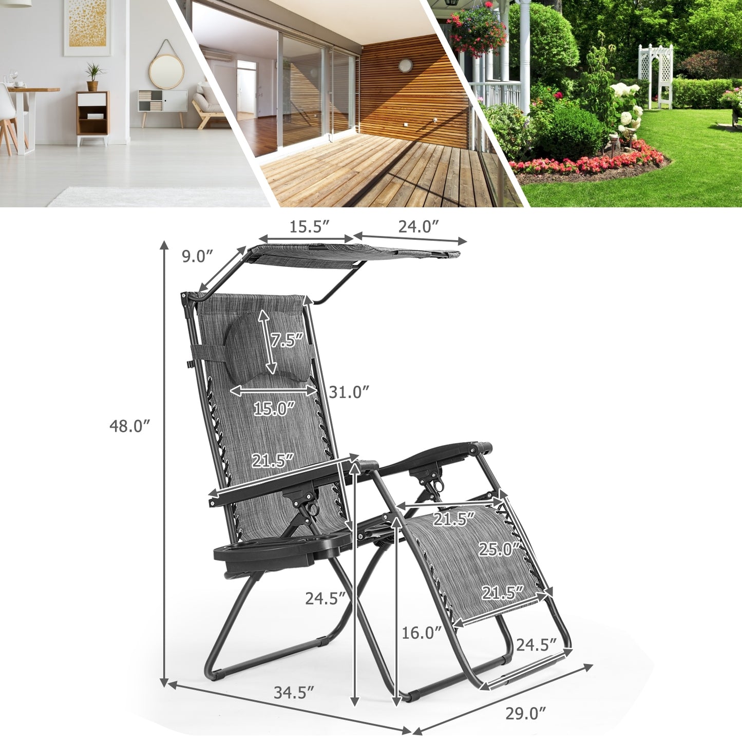 Folding Recliner Lounge Chair w/ Shade Canopy Cup Holder-Gray