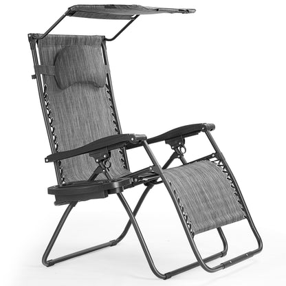 Folding Recliner Lounge Chair w/ Shade Canopy Cup Holder-Gray