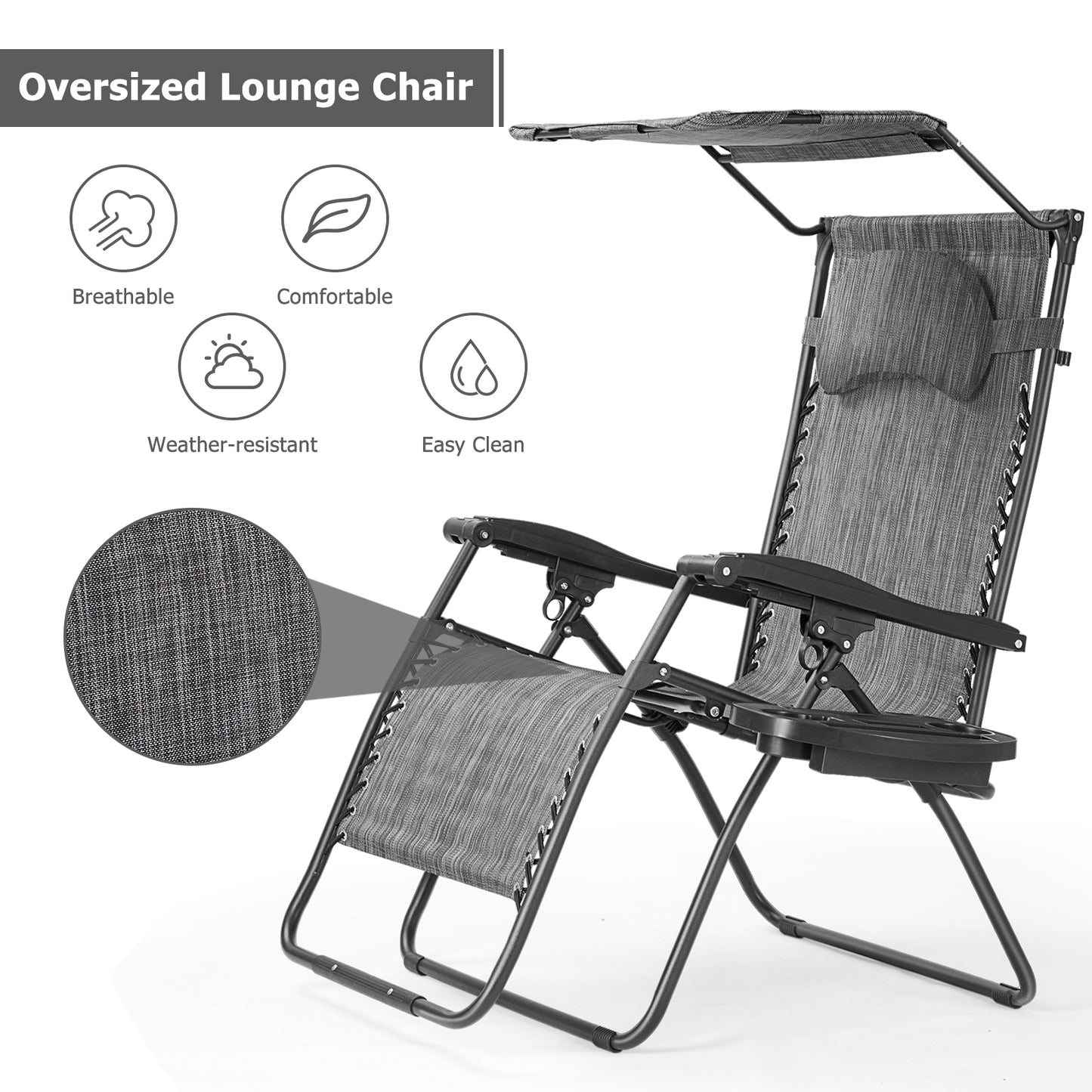 Folding Recliner Lounge Chair w/ Shade Canopy Cup Holder-Gray