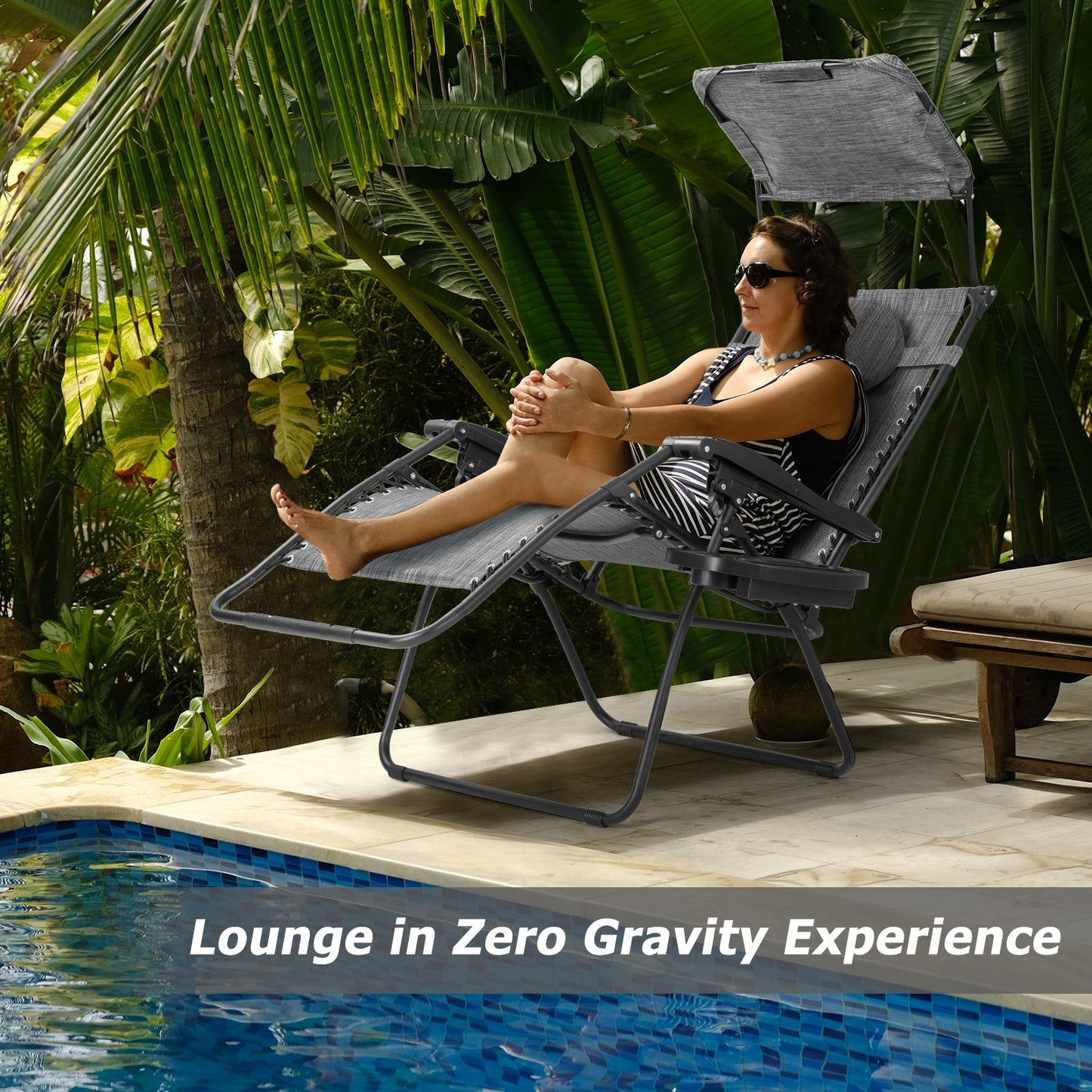 Folding Recliner Lounge Chair w/ Shade Canopy Cup Holder-Gray