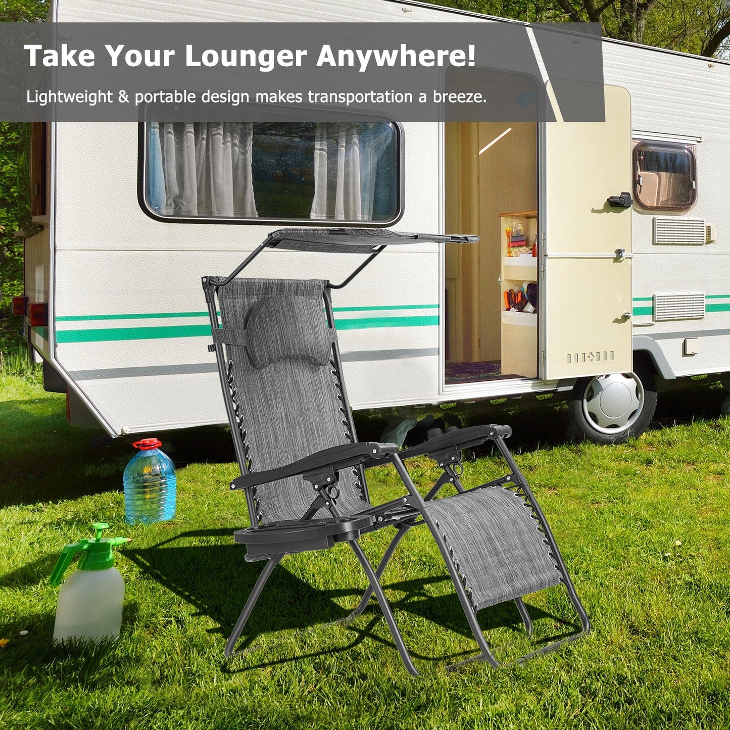 Folding Recliner Lounge Chair w/ Shade Canopy Cup Holder-Gray
