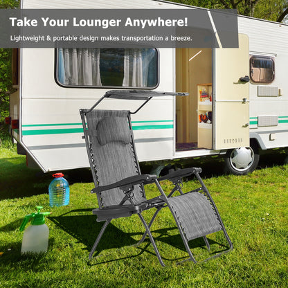 Folding Recliner Lounge Chair w/ Shade Canopy Cup Holder-Gray