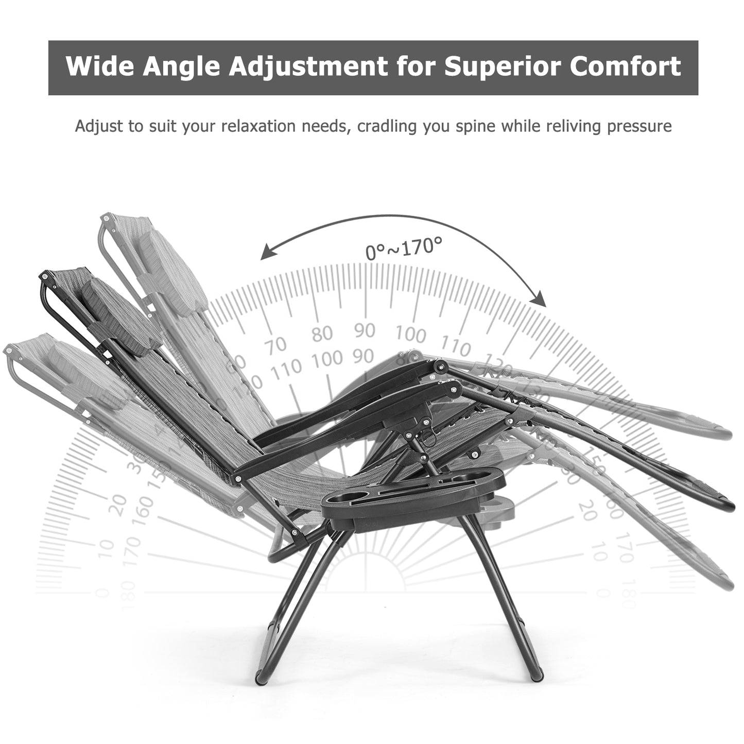 Folding Recliner Lounge Chair w/ Shade Canopy Cup Holder-Gray
