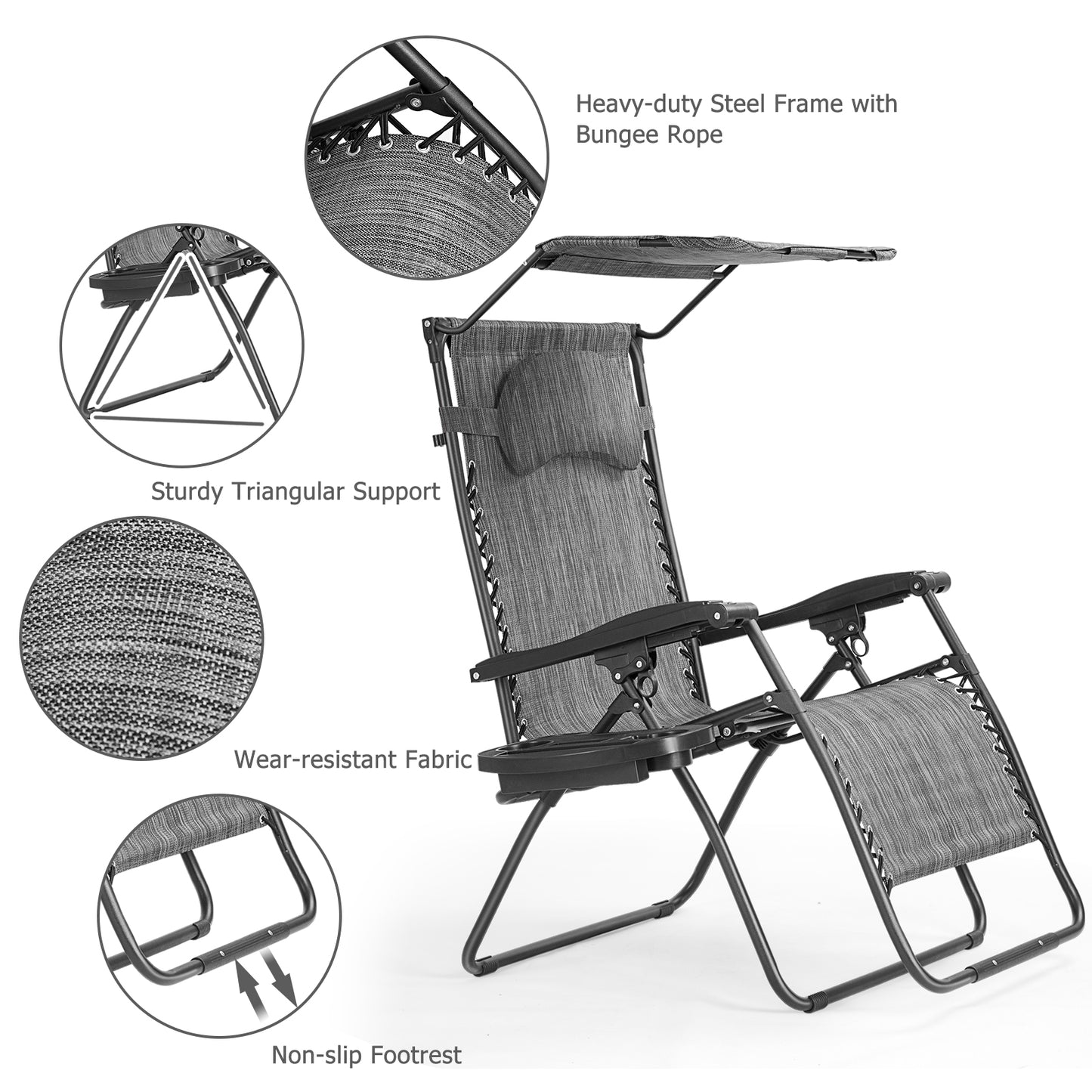 Folding Recliner Lounge Chair w/ Shade Canopy Cup Holder-Gray