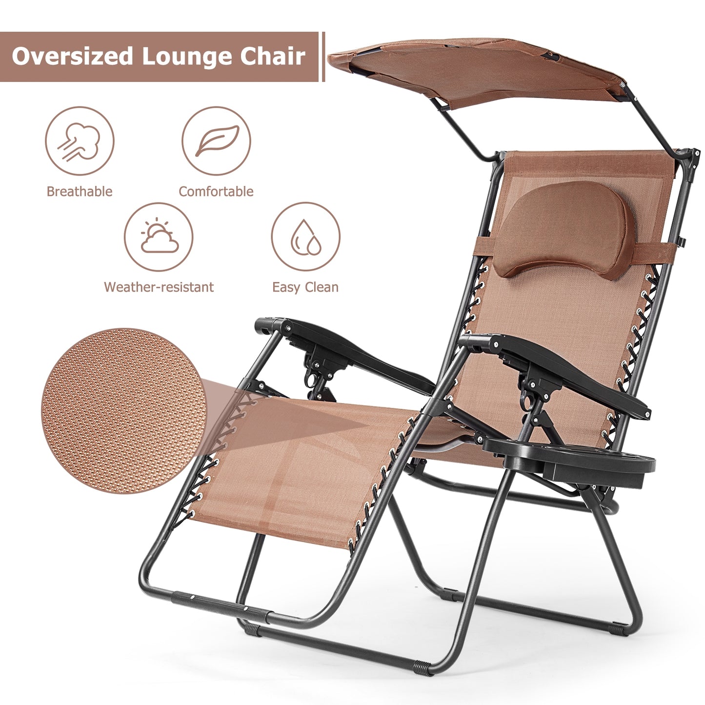 Folding Recliner Lounge Chair w/ Shade Canopy Cup Holder-Coffee