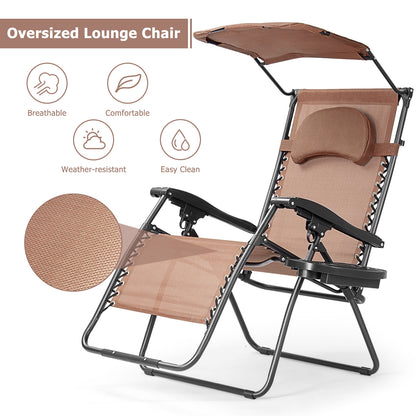 Folding Recliner Lounge Chair w/ Shade Canopy Cup Holder-Coffee