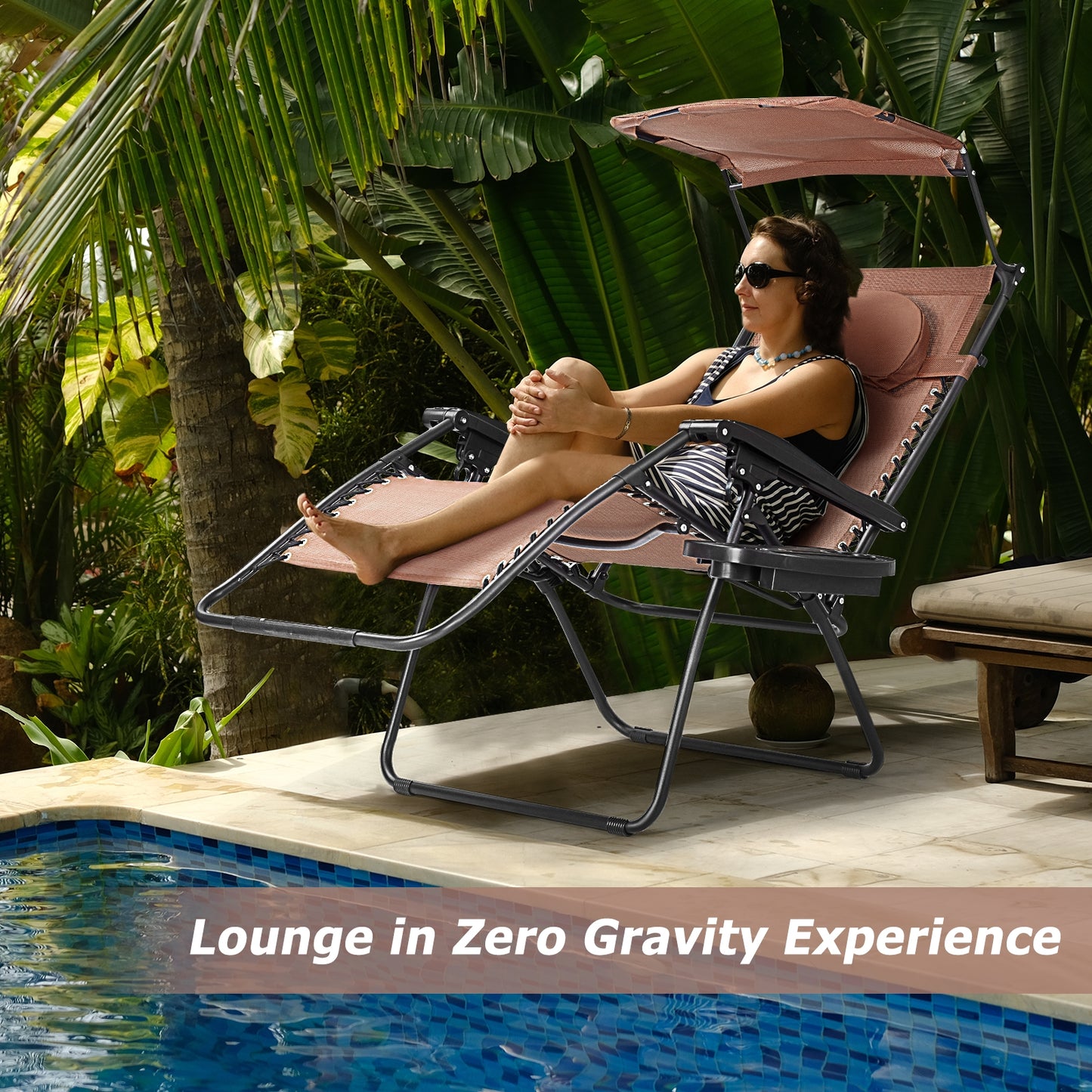Folding Recliner Lounge Chair w/ Shade Canopy Cup Holder-Coffee