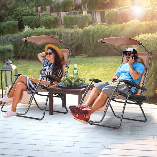 Folding Recliner Lounge Chair w/ Shade Canopy Cup Holder-Coffee