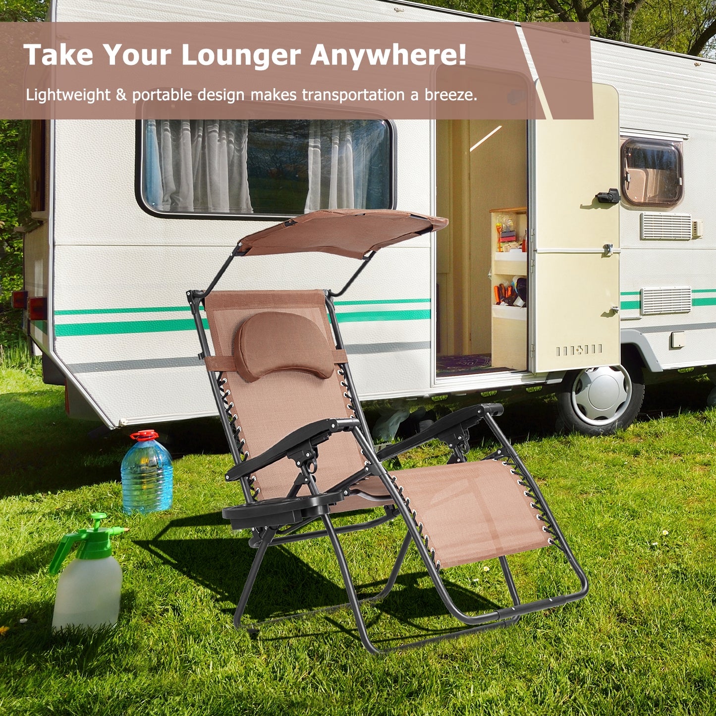 Folding Recliner Lounge Chair w/ Shade Canopy Cup Holder-Coffee