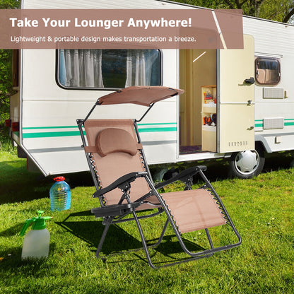 Folding Recliner Lounge Chair w/ Shade Canopy Cup Holder-Coffee
