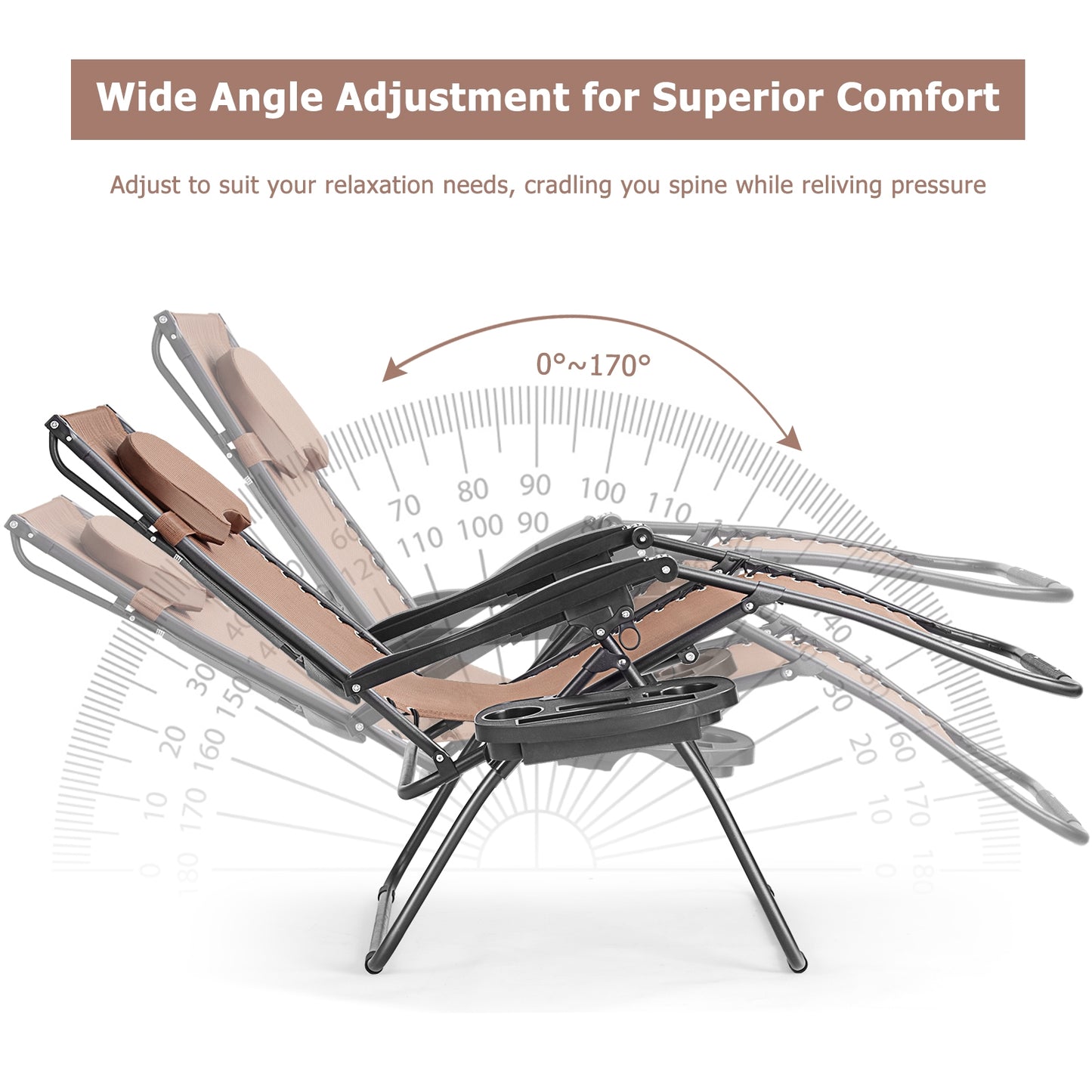 Folding Recliner Lounge Chair w/ Shade Canopy Cup Holder-Coffee