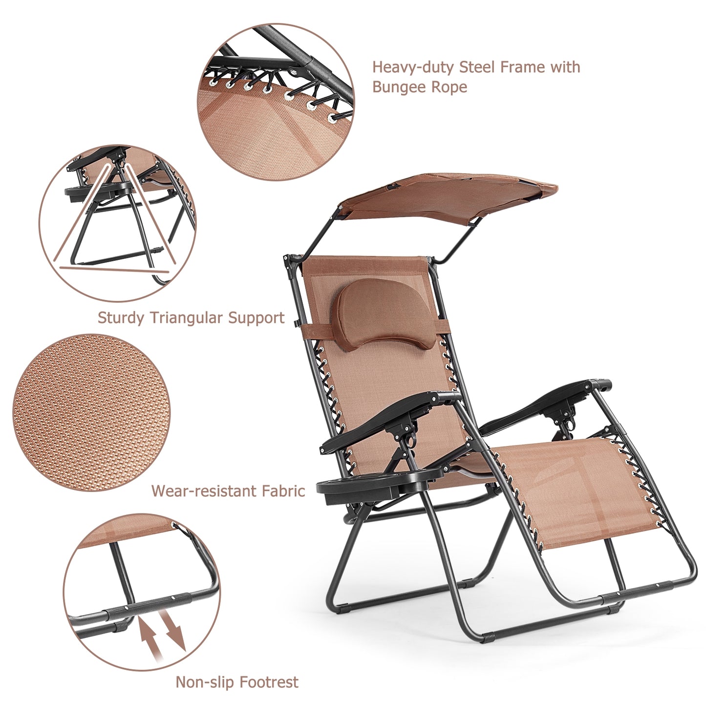 Folding Recliner Lounge Chair w/ Shade Canopy Cup Holder-Coffee