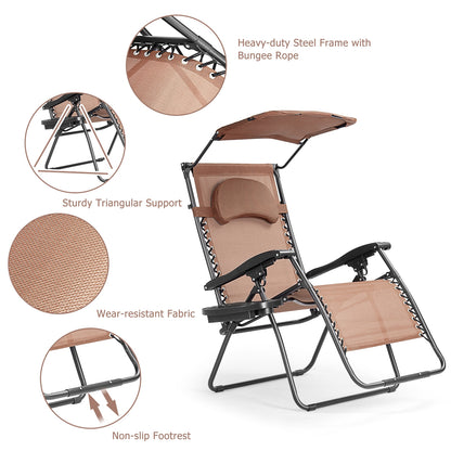 Folding Recliner Lounge Chair w/ Shade Canopy Cup Holder-Coffee