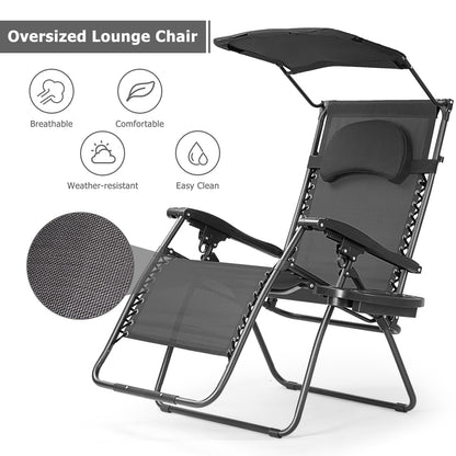Folding Recliner Lounge Chair w/ Shade Canopy Cup Holder-Black