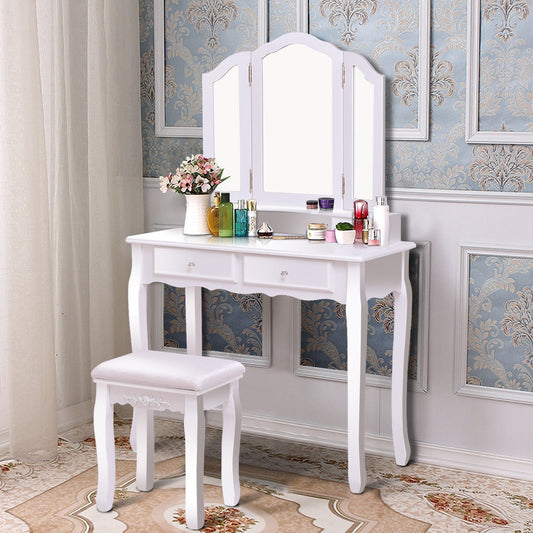 Tri Folding Mirror Vanity Table Stool Set with 4 Drawers and Cushioned Stool-White