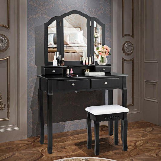 Tri Folding Mirror Vanity Table Stool Set with 4 Drawers and Cushioned Stool-Black