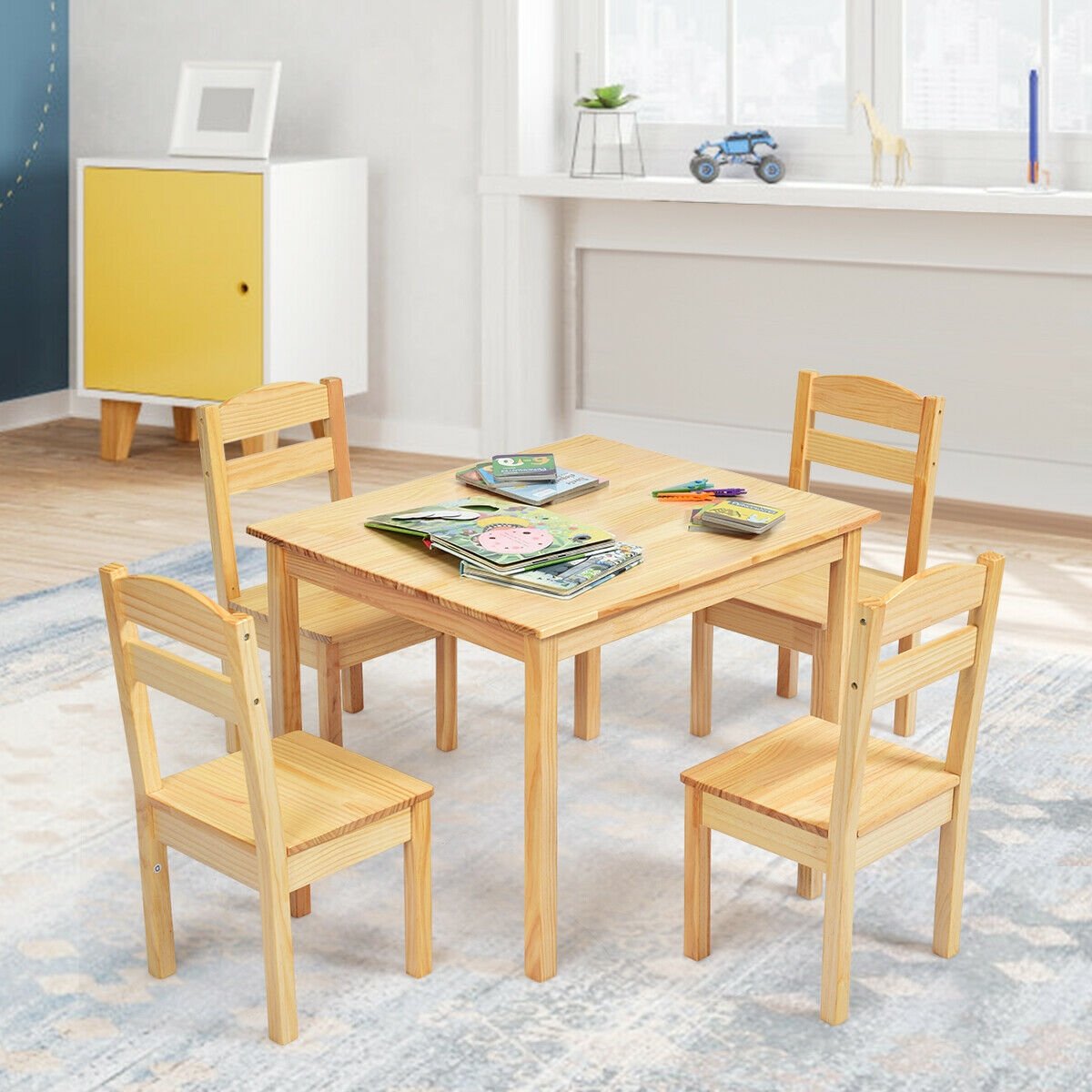 5 Pieces Kids Pine Wood Table Chair Set-Clear