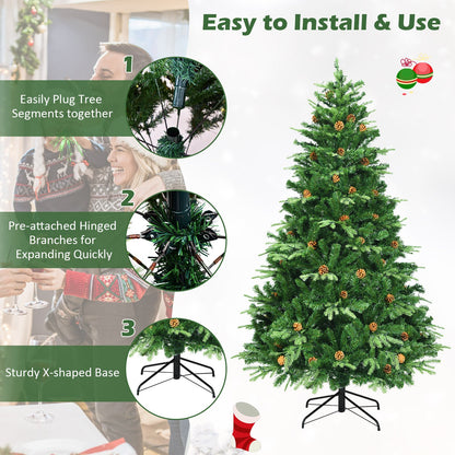 Flocked Artificial Christmas Tree with LED Lights and Pine Cones-8 ft