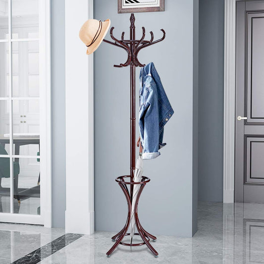 Wood Standing Hat Coat Rack w/ Umbrella Stand-Brown