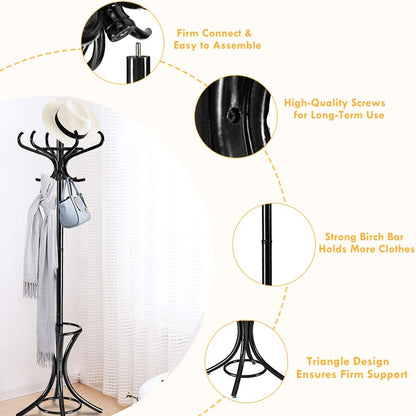 Wood Standing Hat Coat Rack w/ Umbrella Stand-Black