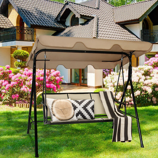 3 Person Steel Frame Patio Swing with Polyester Angle and Adjustable Canopy-Brown